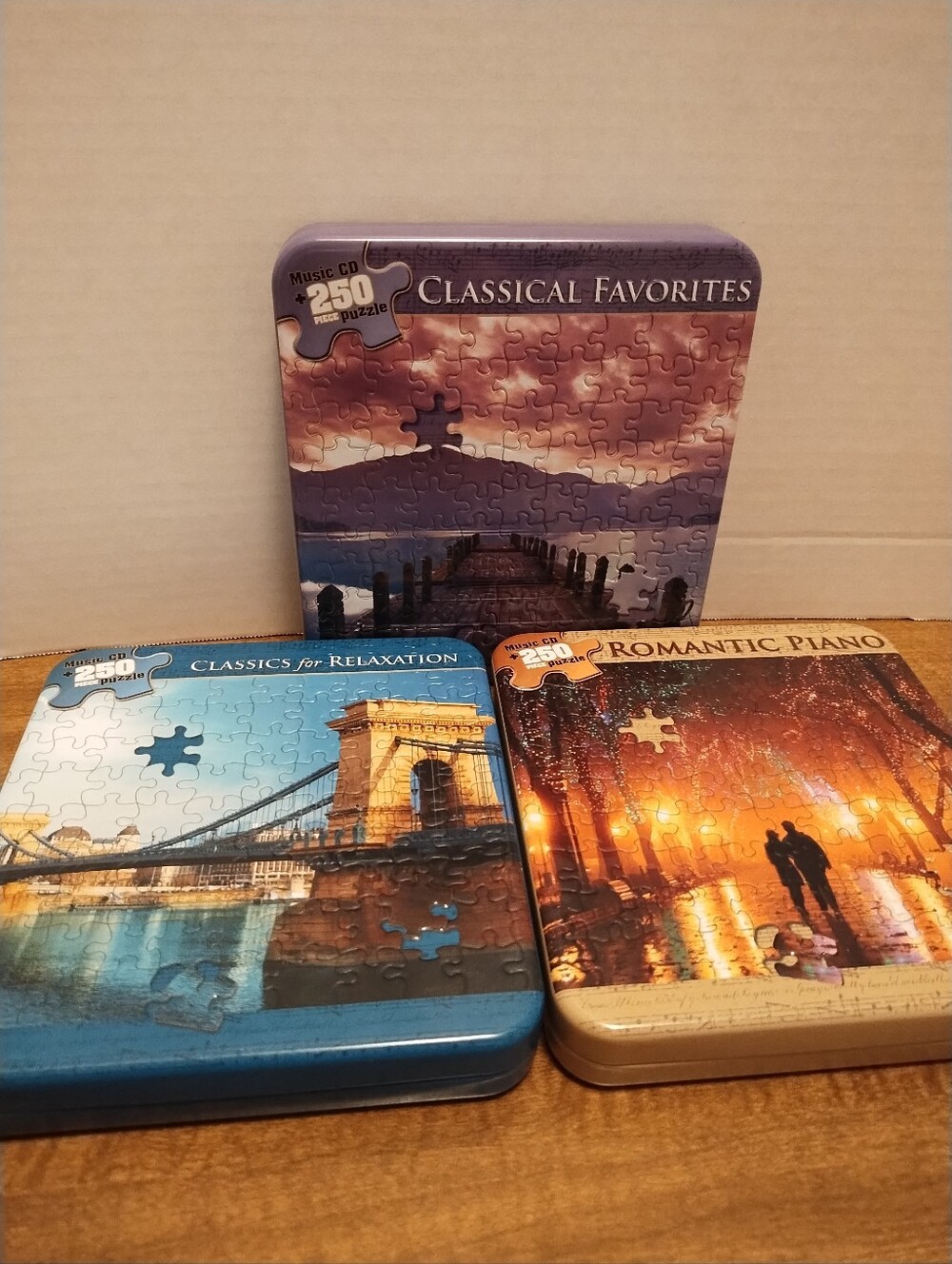 Set Of 3 - 250-Piece Puzzle Tins, With Enclosed CDs.